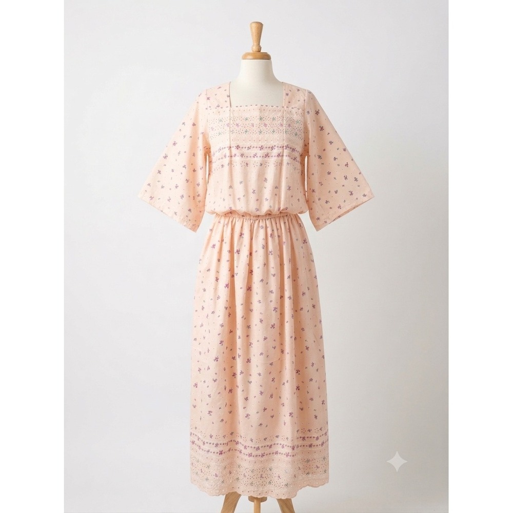 Vintage Hawaiian Maxi Dress OS Eyelet Floral Peach Pink Cottage Prairie Boho 70s